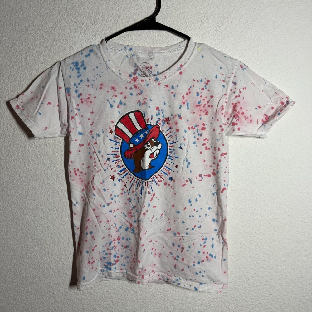 Buc‎ Ee's T Shirt Boys YS White 4th of July Paint Splatter Short Sleeve Crewneck